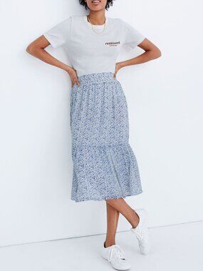 Madwell Tiered Peasant Midi Skirt, Blue Floral, Large